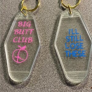 Clear Acrylic Keychain Set with Pink and Blue Text